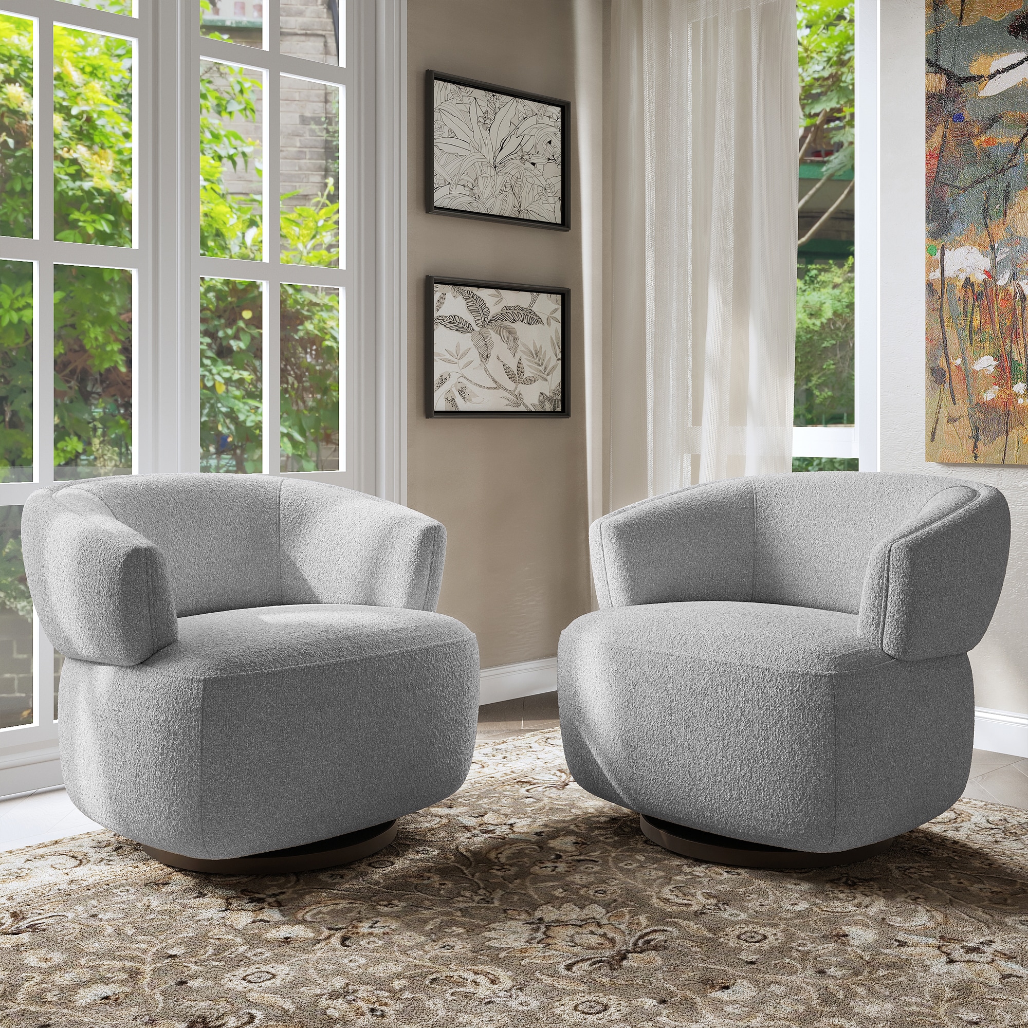 Modern Round Swivel Armchair With Solid Wood Frame In Grey_voghion.com